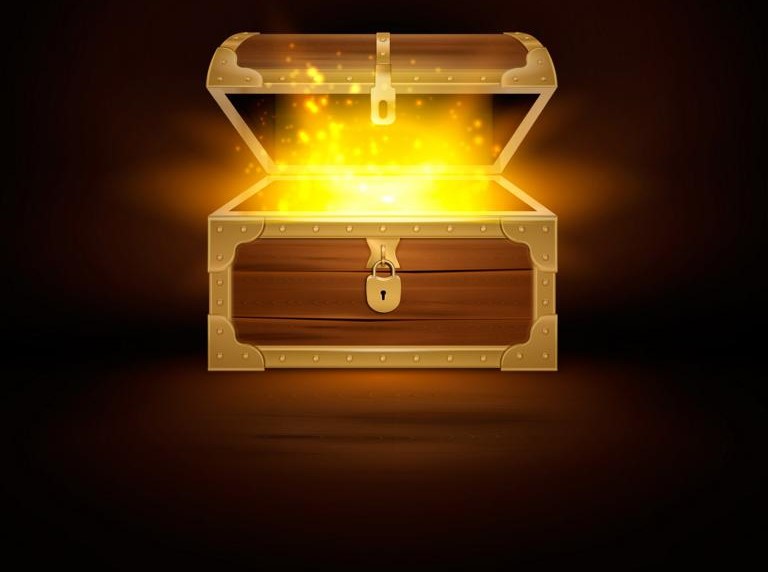 Shine in old wooden chest realistic composition of treasure coffer with open lid and golden particles vector illustration
