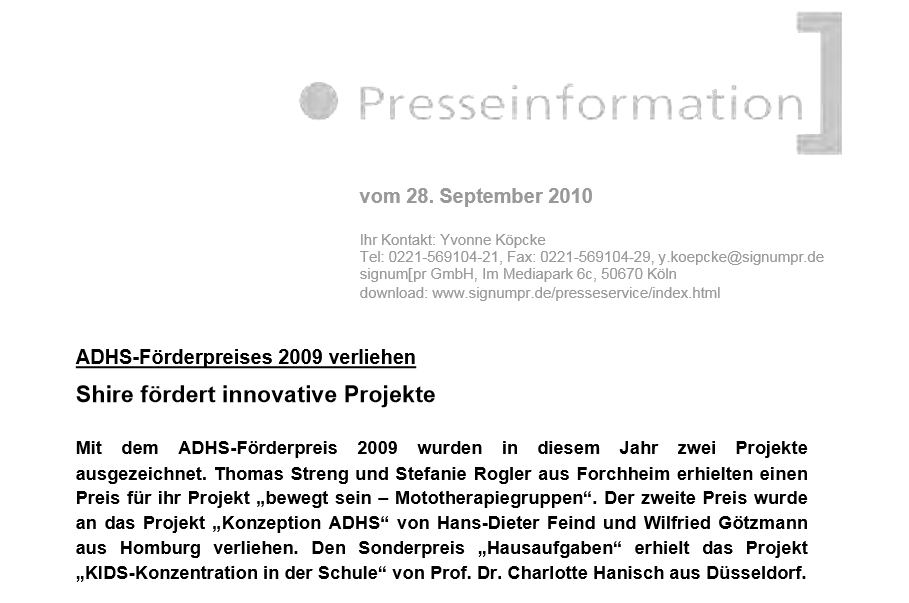 Presseinformation ADHS-Foerderpreis 2009 2010